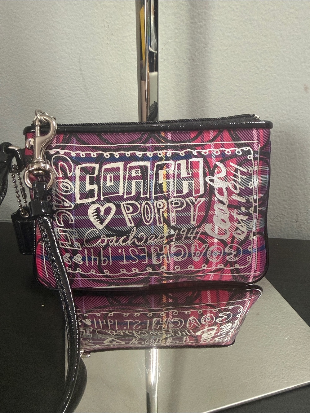 COACH Poppy Graffiti Tartan Plaid Wristlet with Black Trim